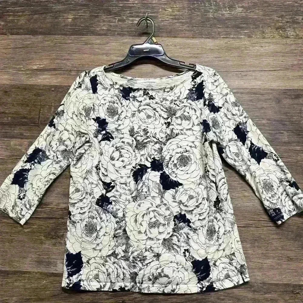 Lands' End Floral 3/4 Sleeve Round Neck Boxy Top